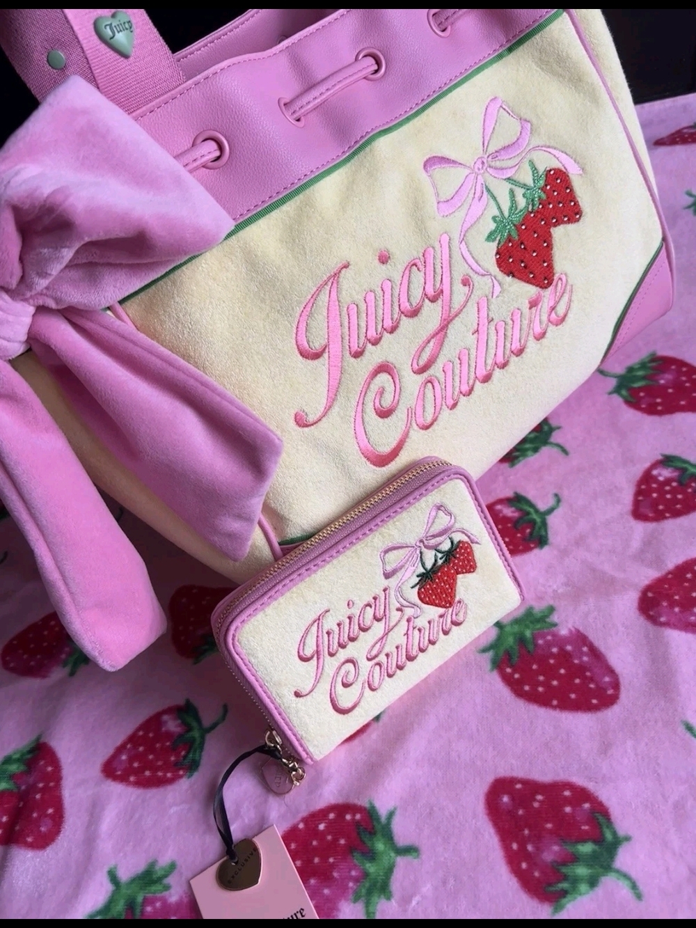Juicy Couture Pink and Yellow Strawberry Tote with Matching Wallet Set